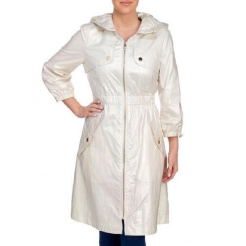 Eliza J. | White/Silver Shimmer Hooded Coat coated size XS metallic
